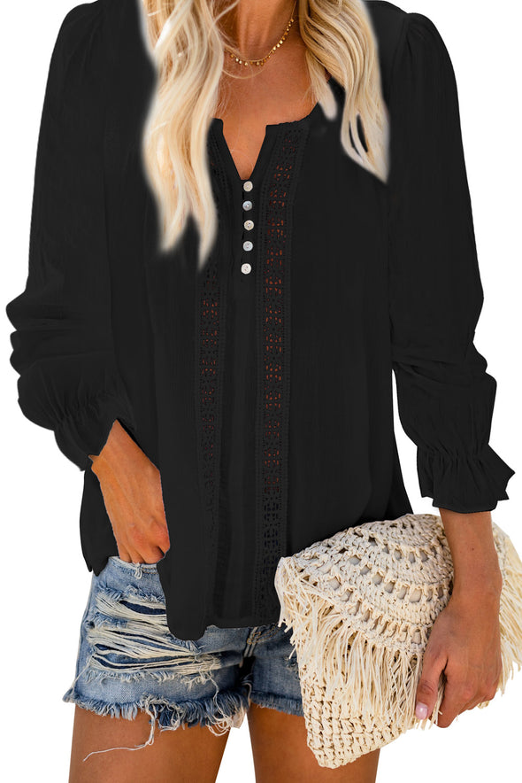 Bohemian Bubble Sleeve Eyelet Blouse