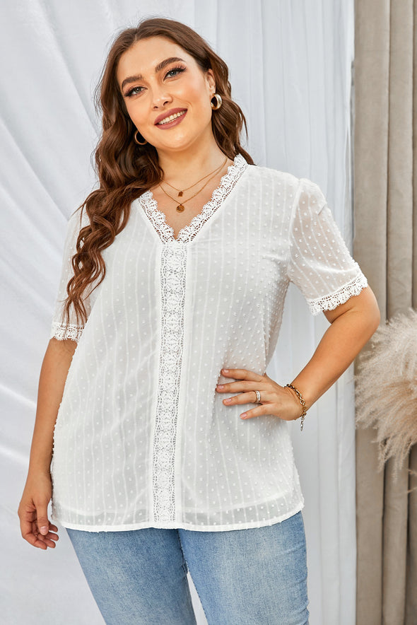 V Neck Lace Crochet Swiss Dot Short Sleeve Blouse