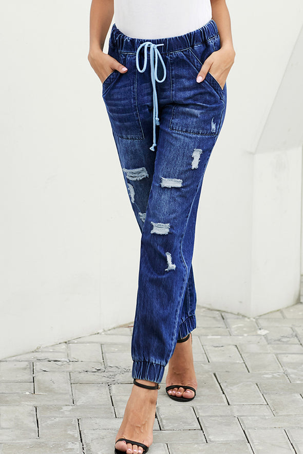 Distress Drawstring Pocketed Joggers