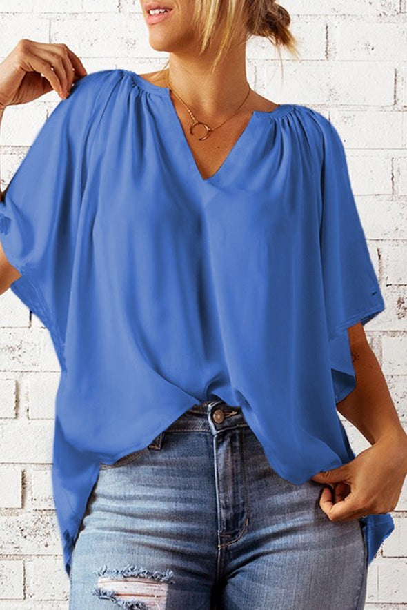 Split Neck Pleated Loose Blouse