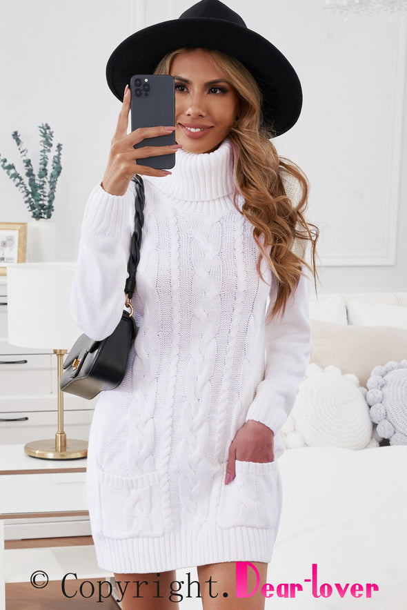 Colorblock Cowl Neck Cable Knit Sweater Dress