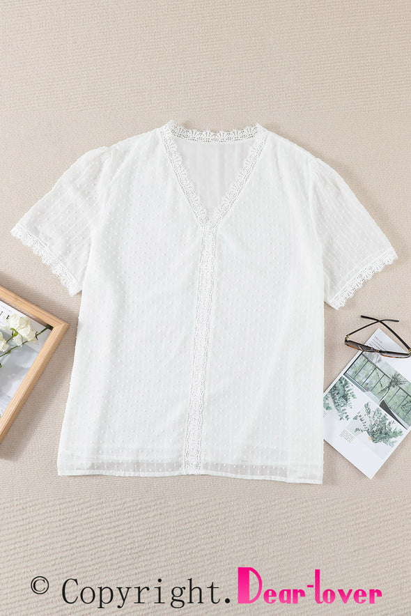 V Neck Lace Crochet Swiss Dot Short Sleeve Blouse