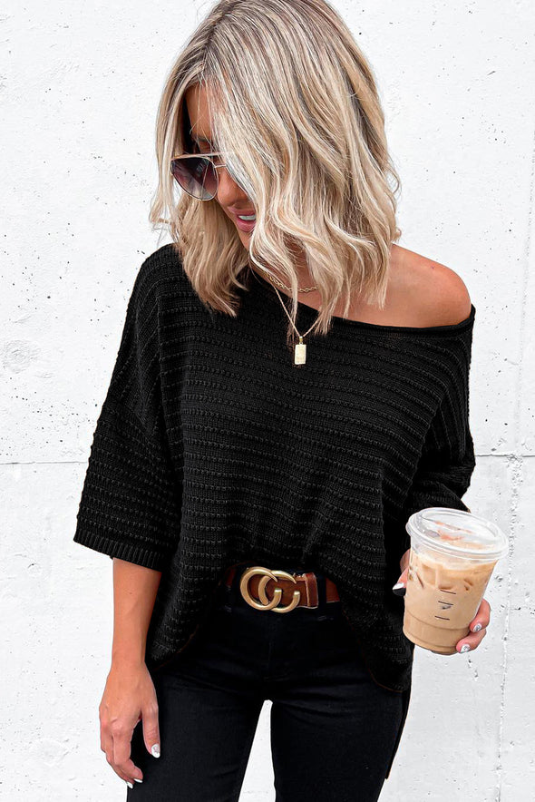 Brown Textured Knit Drop Shoulder Tee