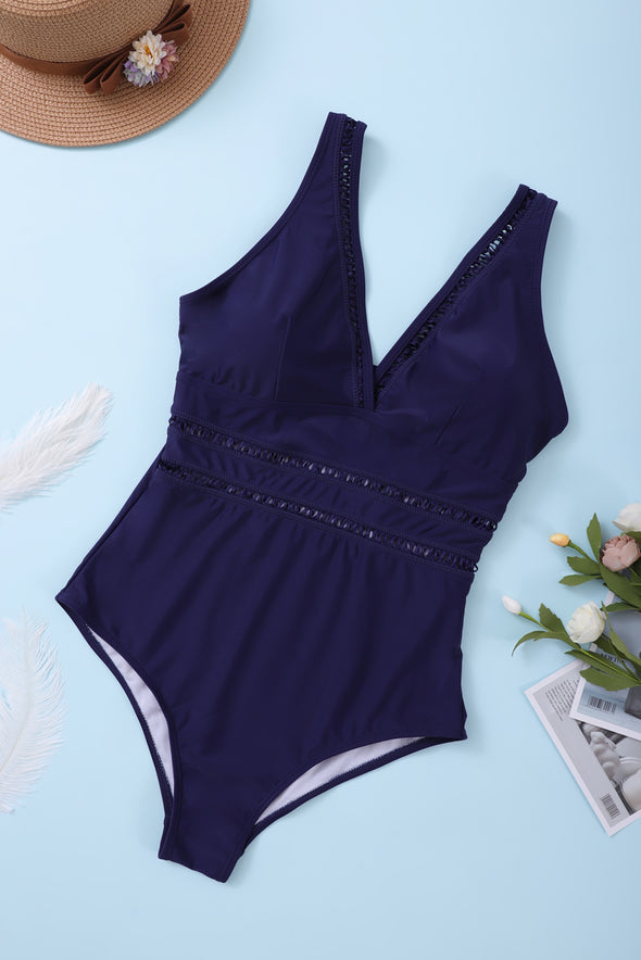 Floral Print Lattice Plunge One Piece Swimsuit