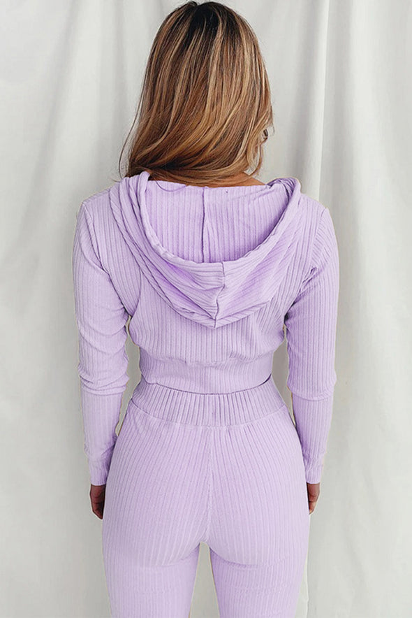 Ribbed Knit Cropped Hoodie and Jogger Two Piece Set