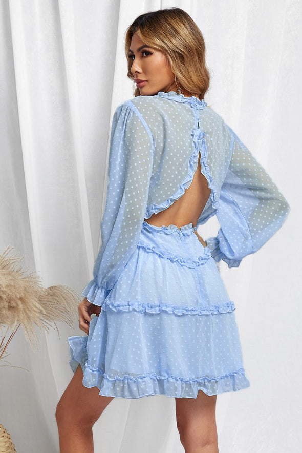 Layered Ruffled Open Back Puff Sleeve Swiss Dot Mini Dress