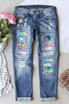 Valentine Heart Patchwork Distressed Straight Leg Jeans