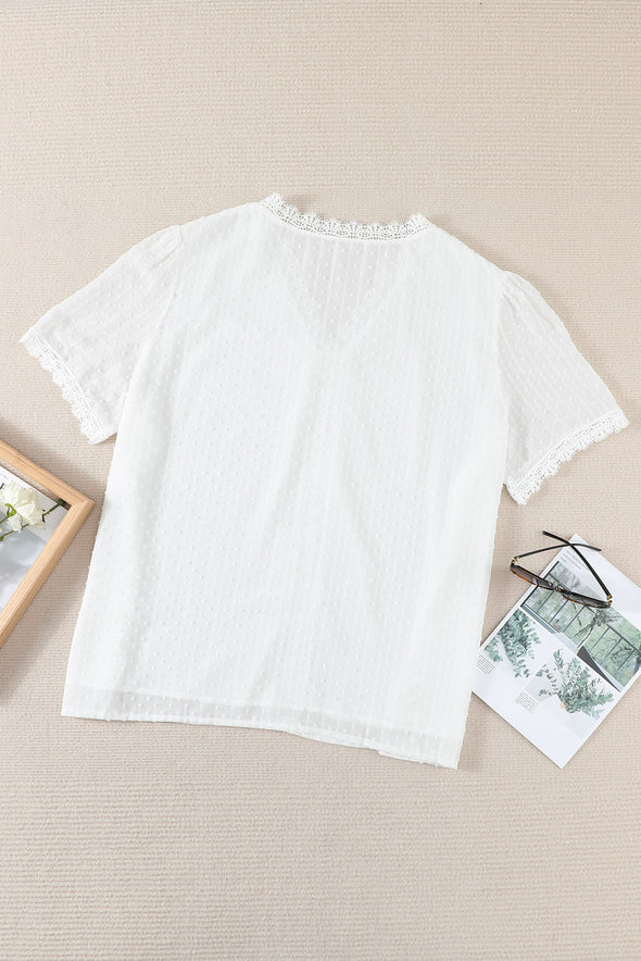 V Neck Lace Crochet Swiss Dot Short Sleeve Blouse