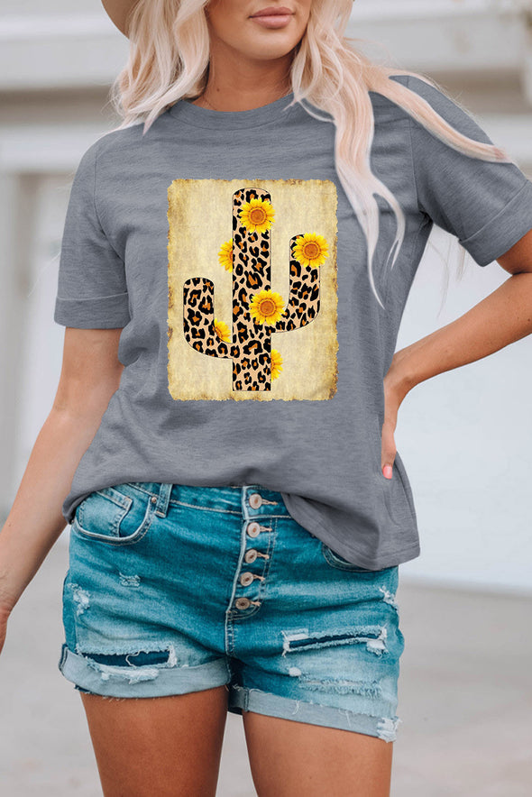 Leopard Sunflower Cactus Print Short Sleeve T Shirt