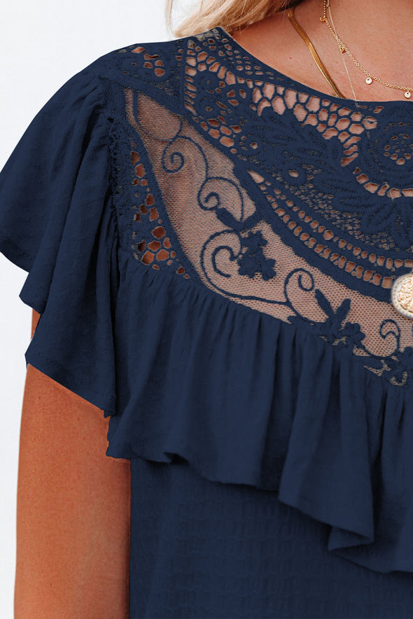 Lace Splicing Ruffled Short Sleeve T-shirt