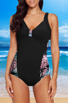 Leaves Splicing Ruched Front Open Back One-piece Swimsuit