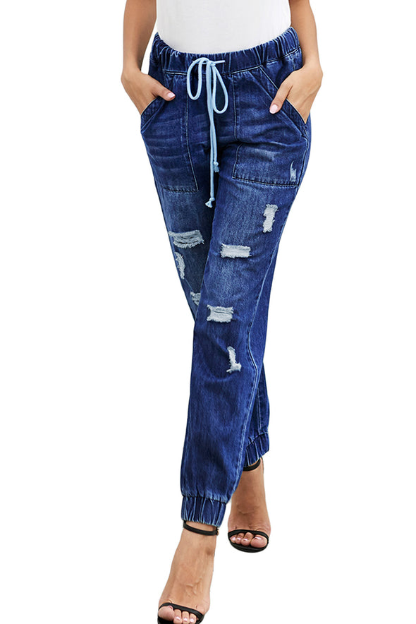 Distress Drawstring Pocketed Joggers