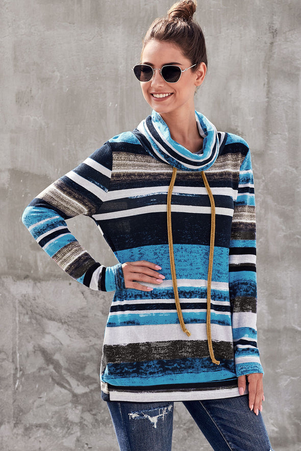 Multicolor Cowl Neck Striped Long Sleeve Sweatshirt