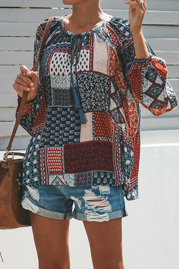 Multicolor Floral Print Peasant Blouse