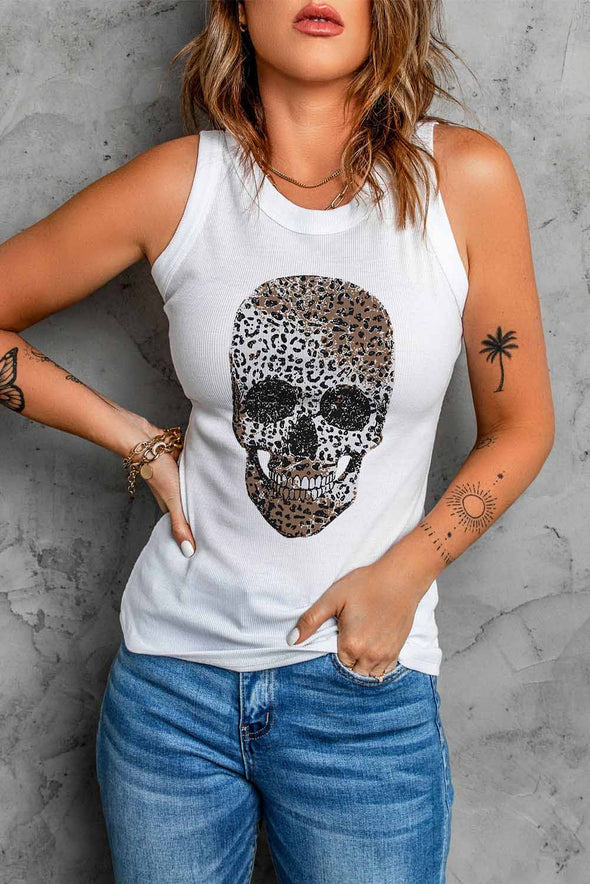 Solid White Round Neck Ribbed Tank Top