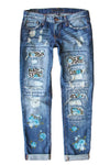 Tropical Tree Print Patchwork Distressed Jeans