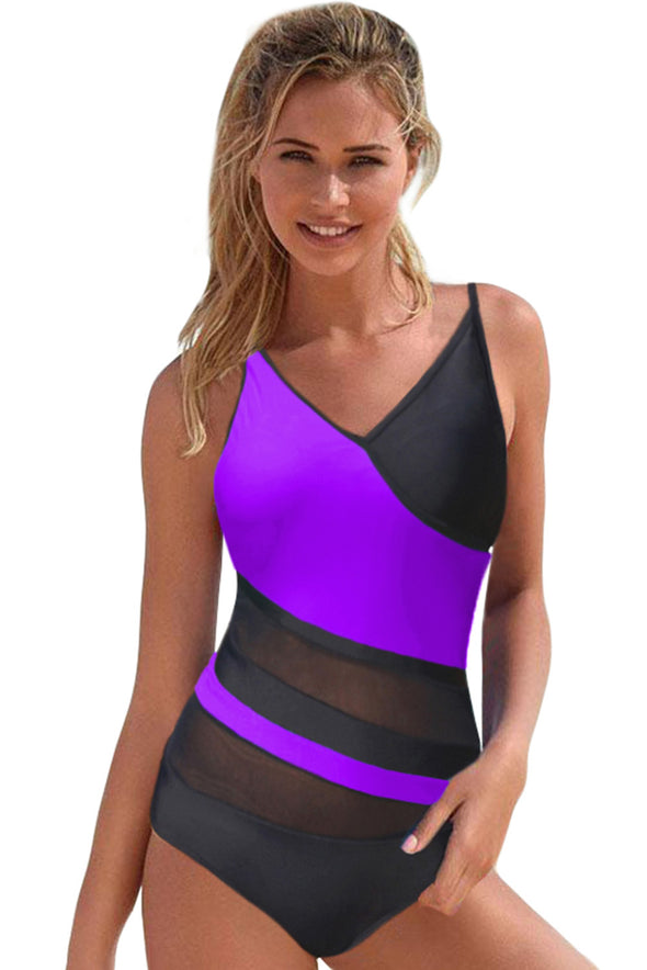 Colorblock Mesh Backless One-piece Swimwear