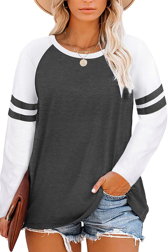 Crewneck Striped Splicing Sleeve Patchwork Plus Size Top
