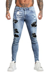 Men's Skull Print Patchwork Distressed Skinny High Waist Jeans