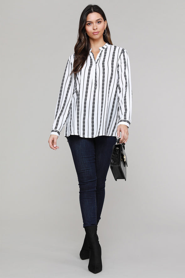 V Neck Striped Button Down Blouse