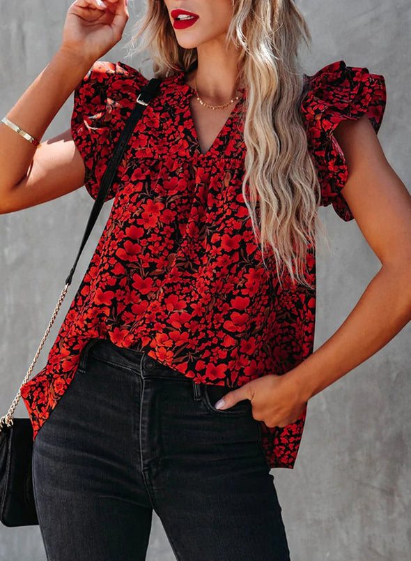 Womens V-Neck Ruffle Floral Tank Top