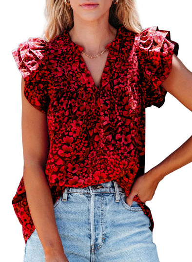 Womens V-Neck Ruffle Floral Tank Top