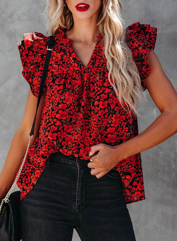 Womens V-Neck Ruffle Floral Tank Top