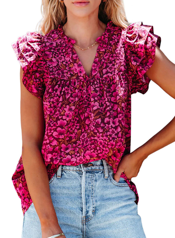 Womens V-Neck Ruffle Floral Tank Top