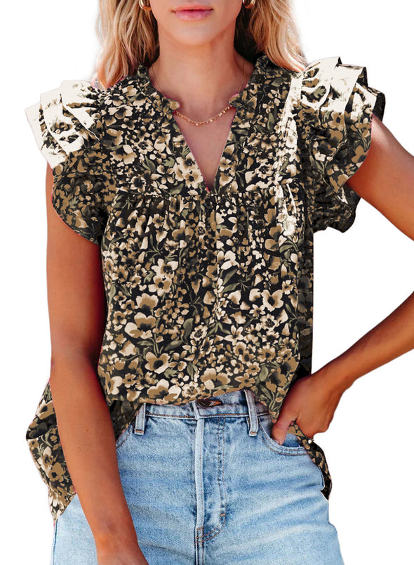 Womens V-Neck Ruffle Floral Tank Top