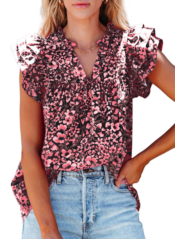 Womens V-Neck Ruffle Floral Tank Top