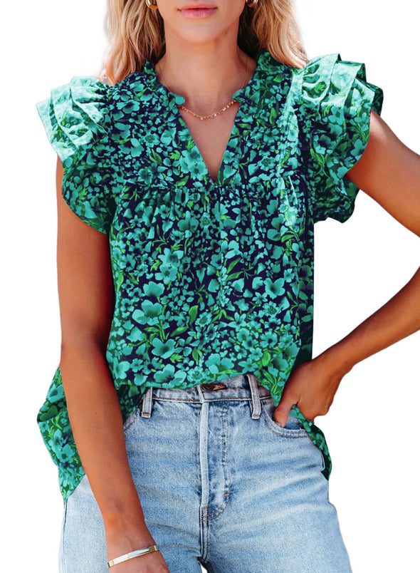 Womens V-Neck Ruffle Floral Tank Top