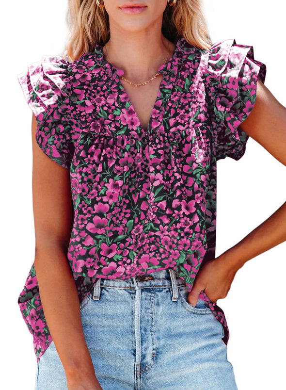 Womens V-Neck Ruffle Floral Tank Top