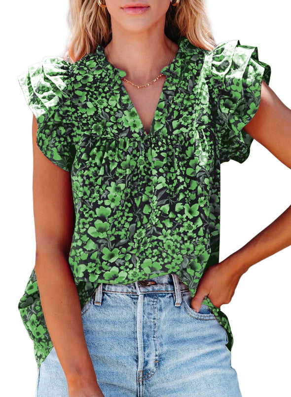 Womens V-Neck Ruffle Floral Tank Top