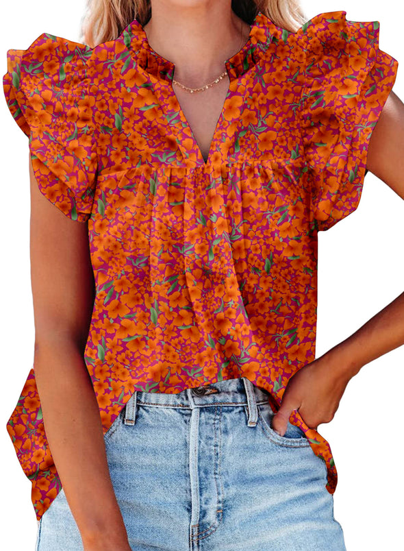 Womens V-Neck Ruffle Floral Tank Top