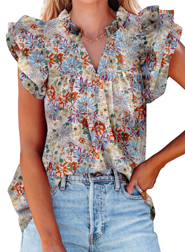 Womens V-Neck Ruffle Floral Tank Top
