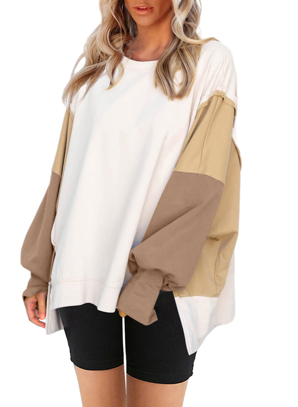 Womens Long Sleeve Loose Fit Pullover Color Block Sweatshirt