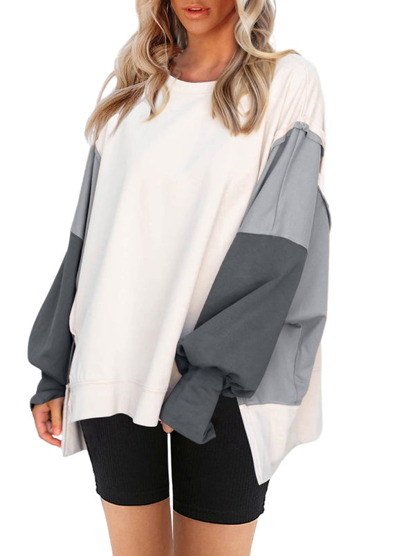 Womens Long Sleeve Loose Fit Pullover Color Block Sweatshirt