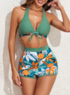 Halter V Neck Floral Print 2 Pieces Bikinis Sets