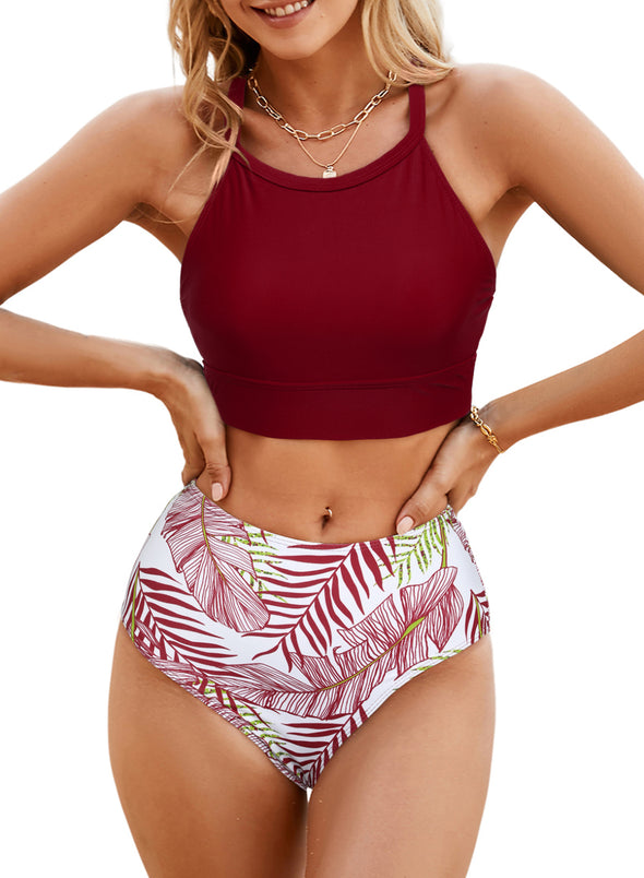 Tropical Leaf Print High Waisted Bikini Swimsuit