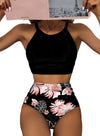 Tropical Leaf Print High Waisted Bikini Swimsuit