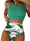 Tropical Leaf Print High Waisted Bikini Swimsuit