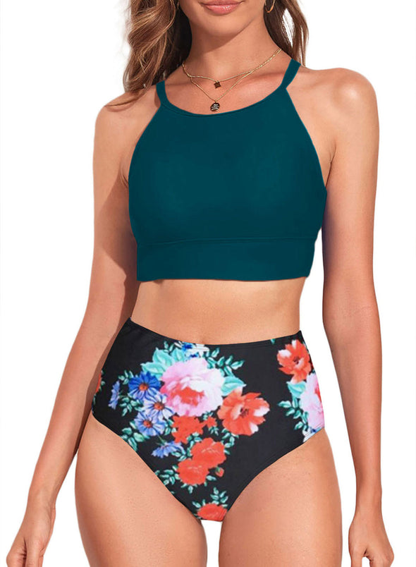 Tropical Leaf Print High Waisted Bikini Swimsuit