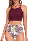 Tropical Leaf Print High Waisted Bikini Swimsuit