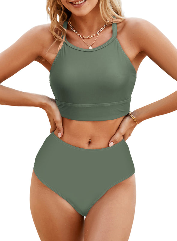 Tropical Leaf Print High Waisted Bikini Swimsuit