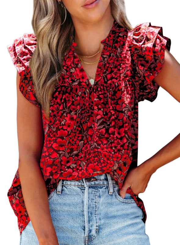 Womens V-Neck Ruffle Floral Tank Top