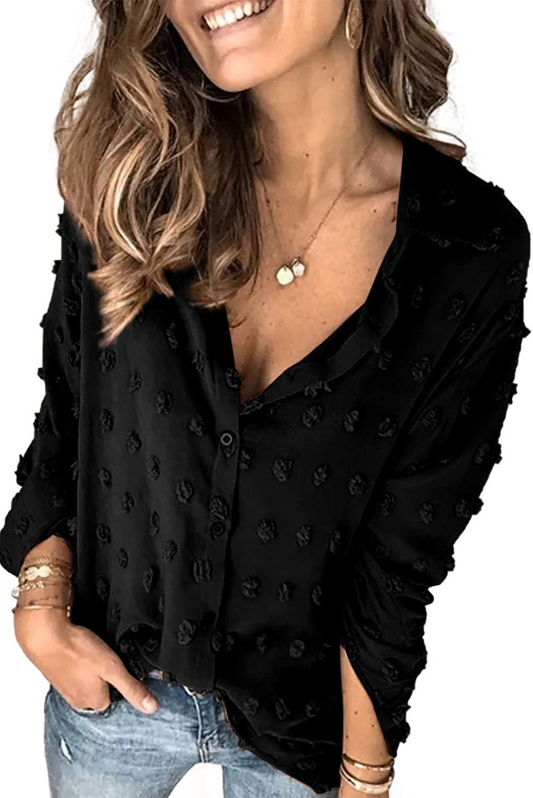 Long Sleeve Button Fuzzy Polka Dot Shirt