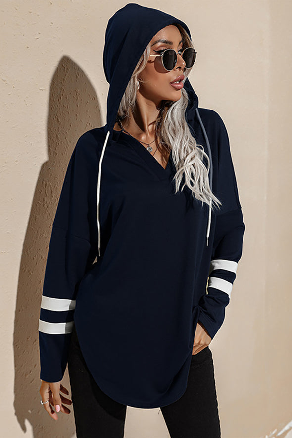 Striped Side Split V Neck Hoodie