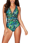 Floral Print Lattice Plunge One Piece Swimsuit