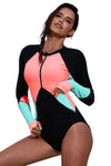 Color Block Zipper Long Sleeve Rash Guard Swimwear