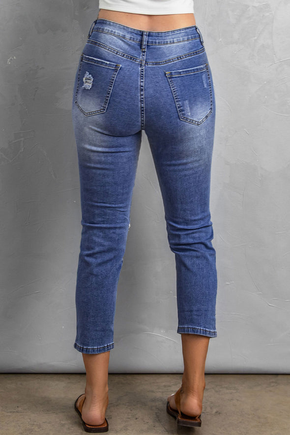 Fading Distressed Holes Crop Jeans